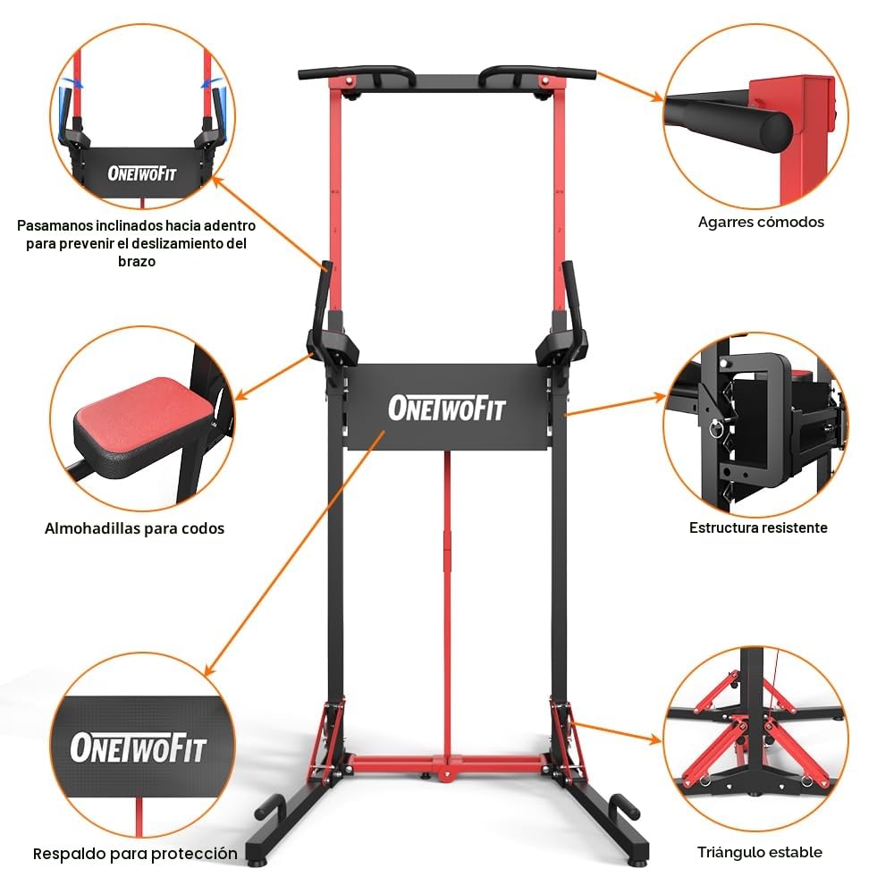 ONETWOFIT Power Tower Plegable Estación de Fondos, Barra de Dominadas para Gimnasio en casa, Altura Regulable Estación de Entrenamiento,Capacidad de carga: 180 kg (Black-1)