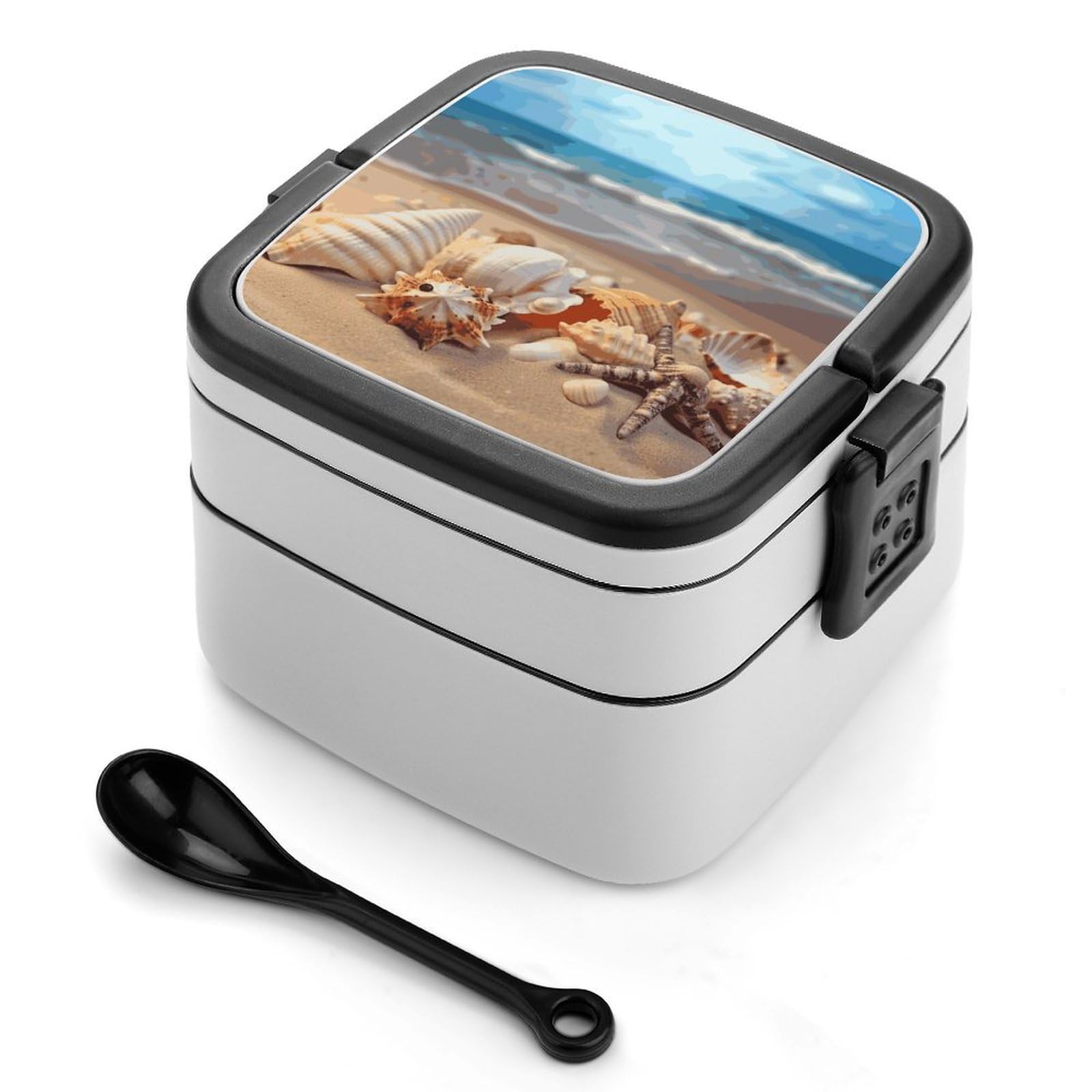 FekiLoot Seashells on The Sandy Beach Bento Box Adult Lunch Box Sealed Bento Lunch Boxes with Spoon Sturdy Double Layer Bento Boxes Snap-on Design Leak Proof Lunch Containers Ideal for Work