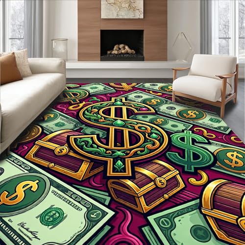 Low Pile Flatwoven Area Rug 8x10, Prosperity Abundance Symbolic Fortune Treasure Graphic Representation, Machine Washable, Stain Resistant Indoor Rug for Living Room, Bedroom, Non Slip(Green, 8x10)