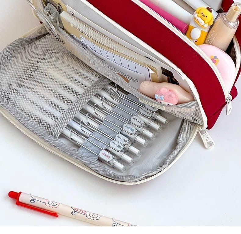 Image of Kawaii Cute Aesthetic Pencil Case for Students | Large Capacity Multi-Pocket Pencil Pouch with Zipper | Cartoon Stationery Organizer Bag for School, College & Office Supplies (So Cute - Red)