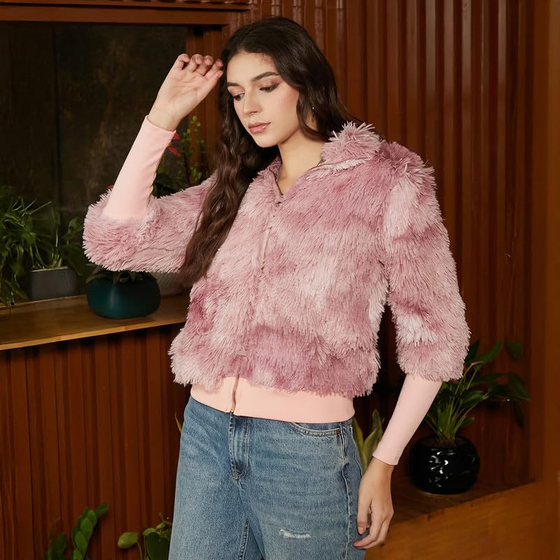 Image of Campus Sutra Women's Fleece-Lined Biker Jacket For Casual Wear | Spread Collar | Long Sleeve | Zipper Closure | Jacket Crafted With Comfort Fit For Everyday Wear