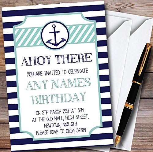 Navy Blue Stripe Nautical Anchor Personalized Childrens Party Invitations