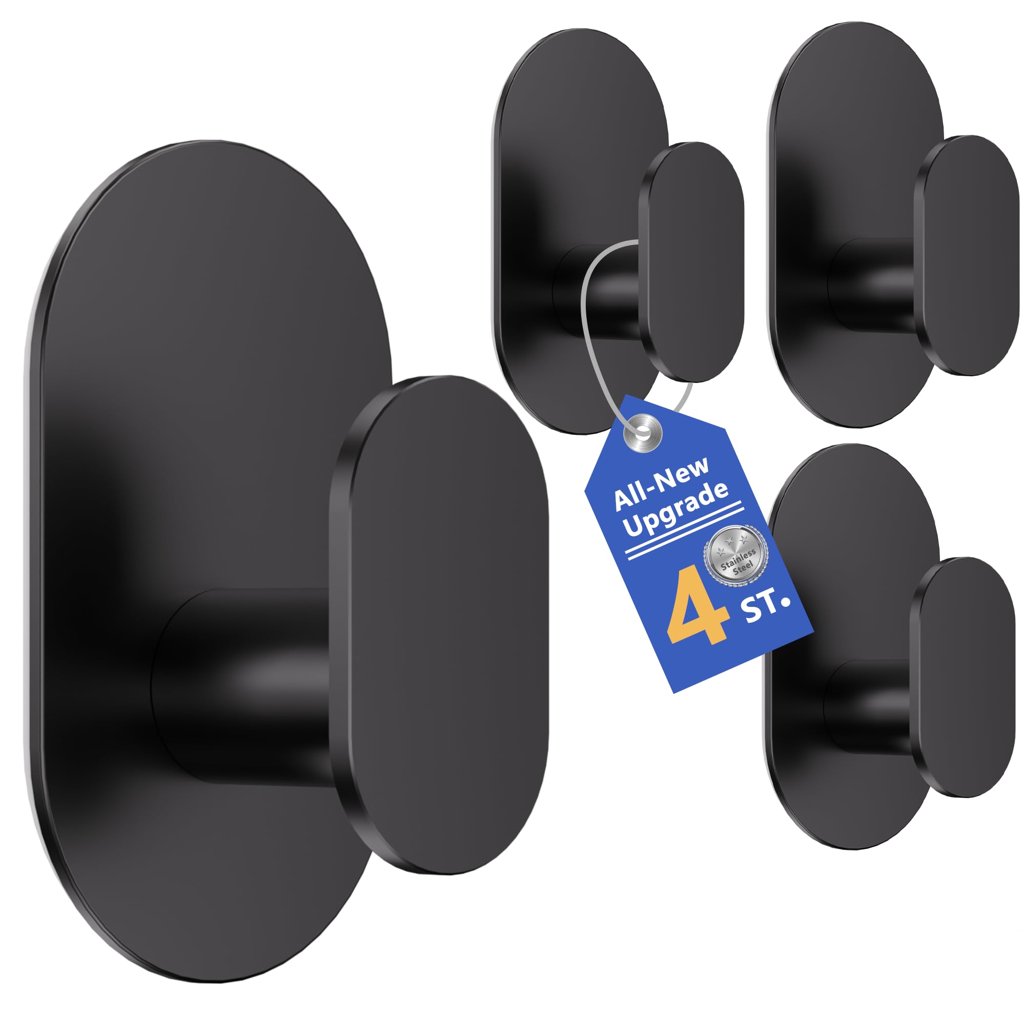 Aikzik 4 Pack Large Self Adhesive Hooks, Stainless Steel Sticky Hook Heavy Duty, Over 12kg Load - Strong Hooks for Hanging for Towel, Coat, Robe, Stick on Bathroom, Kitchen, Door and Wall, Black