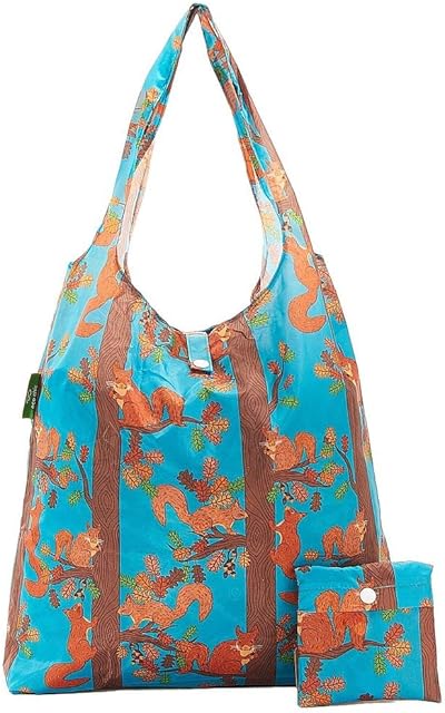 Eco Chic Lightweight Foldable Reusable Shopping Bag | Water Resistant Shopping Tote Bag | Folds Into Attached Pouch for Storage | Made from Recycled Plastic Bottles (Squirrel Blue)
