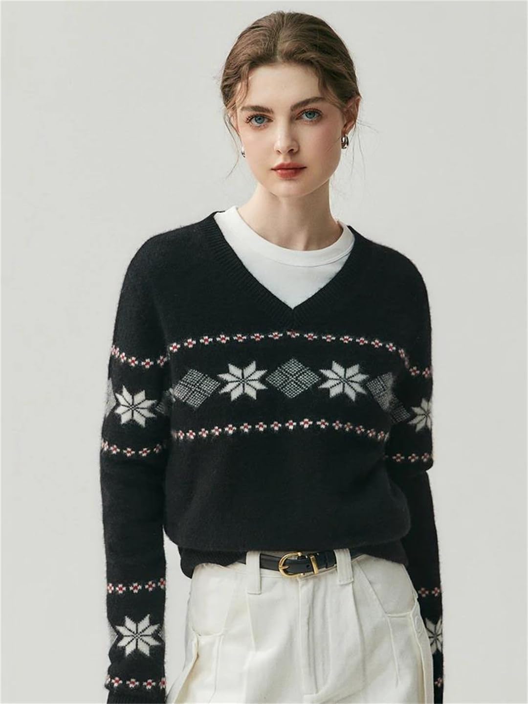 Women's Knitted Top 100% Cashmere V-Neck Pullover with Snowflake Texture Soft Warm Long Sleeve Vintage Style Knitwear