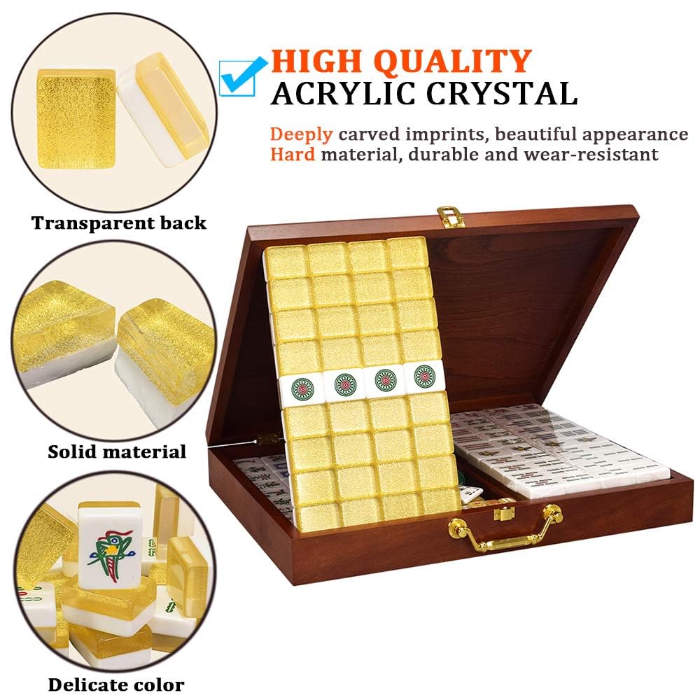 Mahjong - Juego de azulejos acrílicos y caja de madera para entretenimiento en casa y noches de juegos familiares