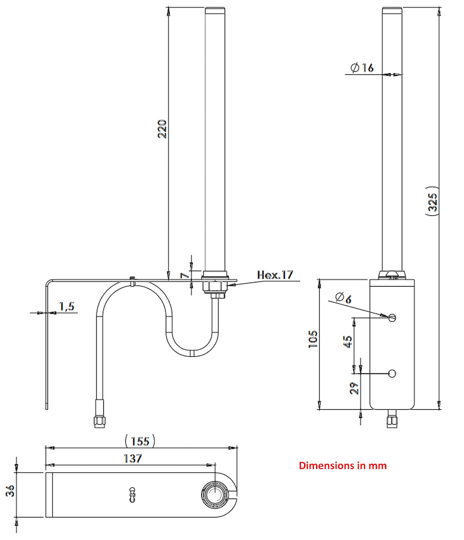 Hochleistungs Antenne zur Wandmontage 4G LTE / 3G / 2G / FirstNet/LPWA/NB-IoT/Cat-X-Mx-NBx Wetterfest, Aussenbereich IP67, 2,2 dBi Gewinn, 10m Kabel mit SMA/M Anschluss Stecker