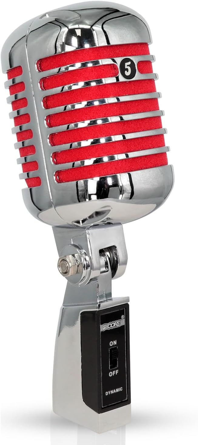 5 CORE Retro Dynamic Vocal Iconic Microphone Vintage Style Classic Cardioid Unidirectional High Sensitivity Universal XLR Mic Stand Compatible for On Stage Studio - Retro Mic (Red Chrome)