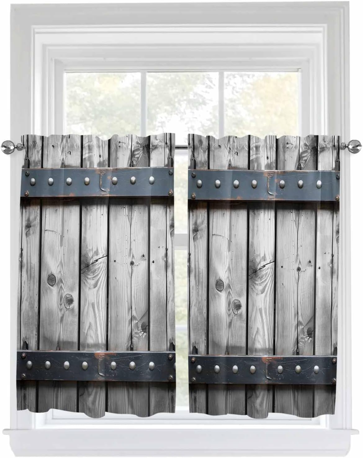 Rustic Barn Door Kitchen Curtain 54 Inch Length, Retro Grey Wood Grain Art Print Small Short Cafe Tiers Curtains Drape, 2 Panel Window Treatment Rod Pocket Drapery Panels Curtains 84x54