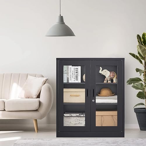 Miniatura 2 de Anxxsu Armario de almacenamiento de metal con puerta de cristal armario de almacenamiento de exhibición con bloqueo con 2 puertas de vidrio y 2