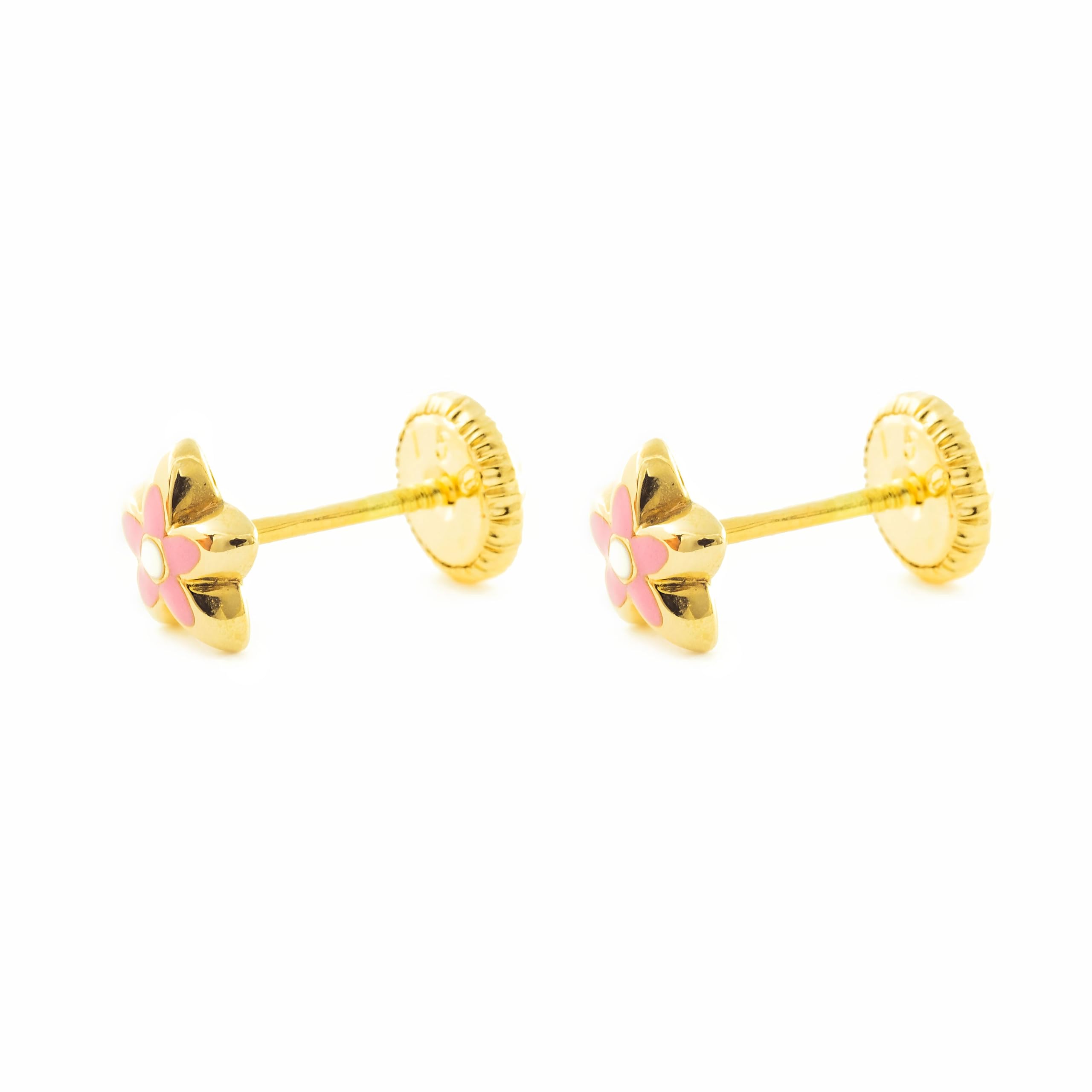 Pendientes Bebe-Niña Oro Amarillo 18K Flor Esmalte Rosa Brillo - Certificado Garantía - Mondepetit - 2675