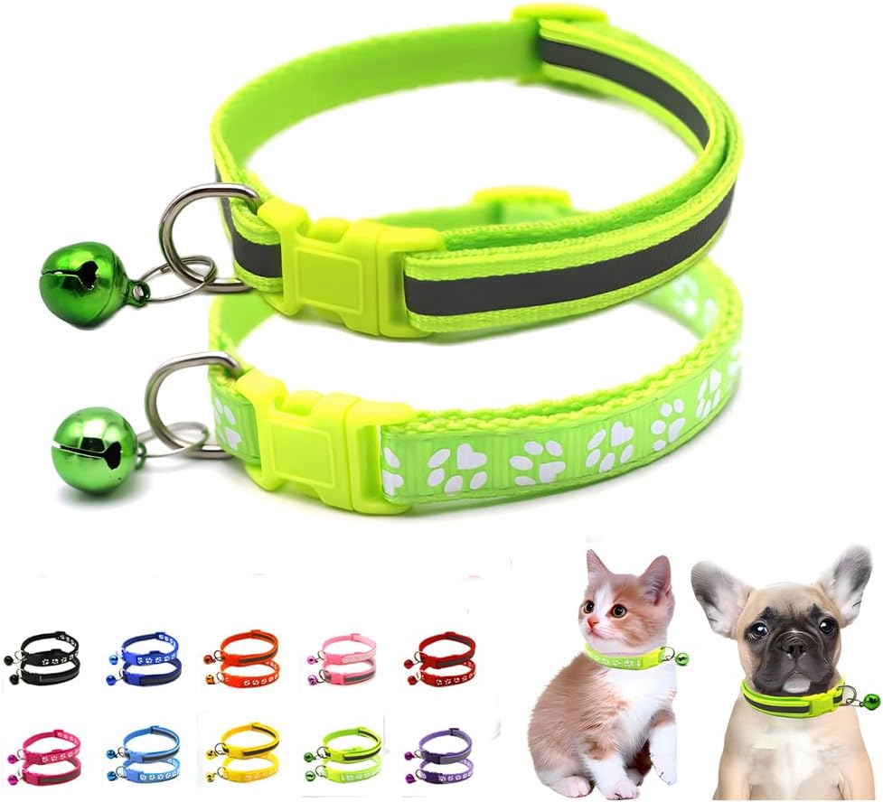 Green Dog Collar with Bell, 2-Pack Basic & Reflective Cat Collar Boy Puppy Collar with Bells for XXS Xs Small Tiny Male Dogs Pet Kitten Animal, XS Green Dog Collar with Bell, 2-Pack Basic & Reflective Cat Collar Boy Puppy Collar with Bells for XXS Xs Small Tiny Male Dogs Pet Kitten Animal, XS