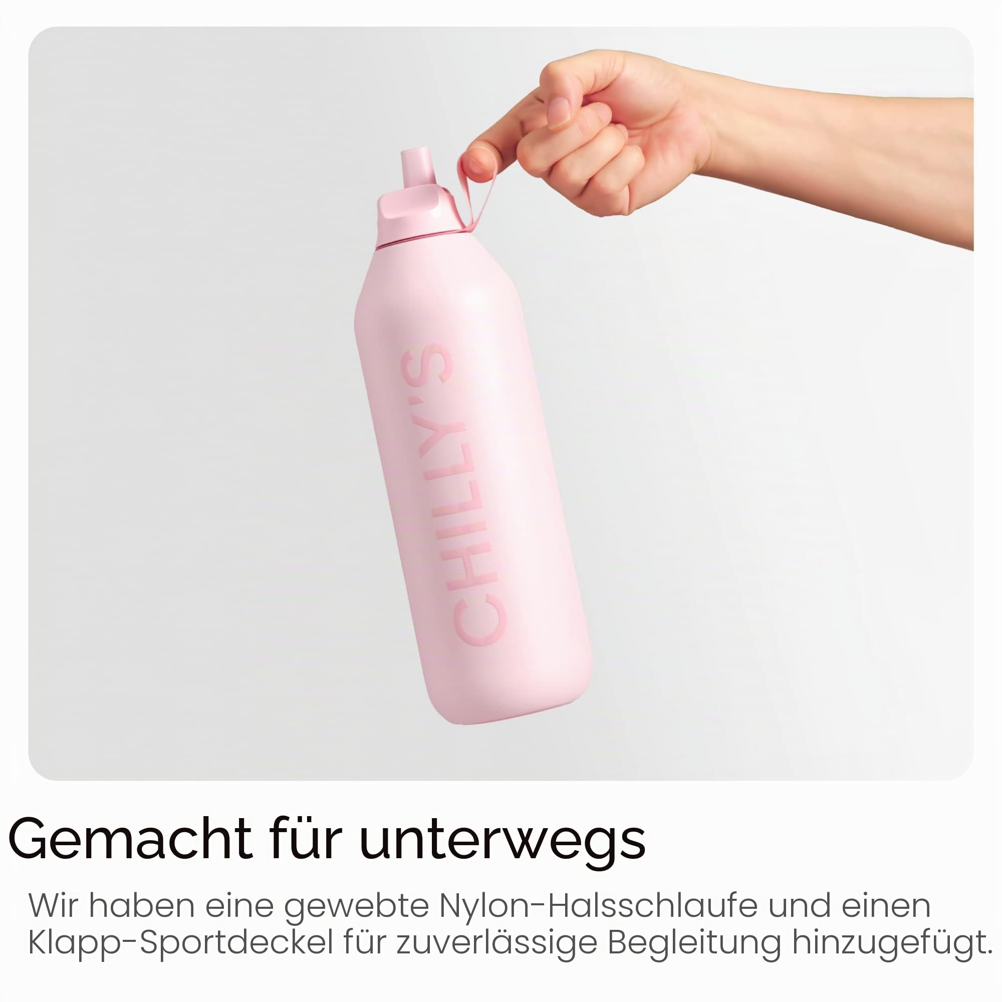 Chilly’s Series 2 Flip Trinkflasche mit Sportdeckel - Isolierflasche aus Edelstahl mit Trinkhalm, Trageschlaufe & Reinigungsbürste - kein Schwitzen