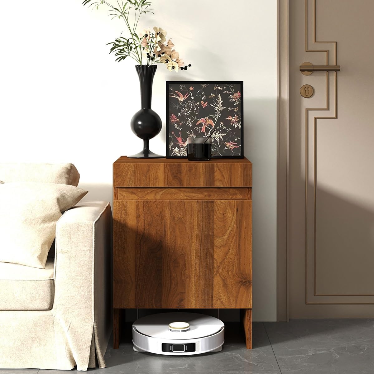 Vacuum Hidden Cleaner Storage Cabinet for Sweeping Robots, Wood Storage Cabinet with Doors for Robot Vacuum Cleaner, Easy to Change Water for Living Room/Bedroom/Kitchen(Black)