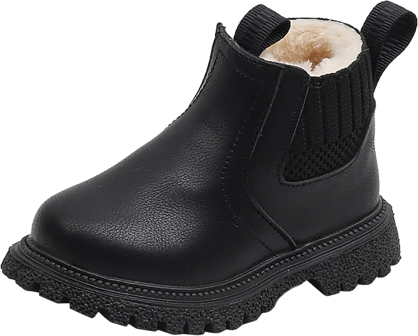 Girls Ankle Boots Leather Chelsea Boot Plush Lined Warm Winter School Shoes Solid Color Waterproof Non Slip Low Heels Ankle Boots Fashion Comfort Side Zipper Short Flat Bootie