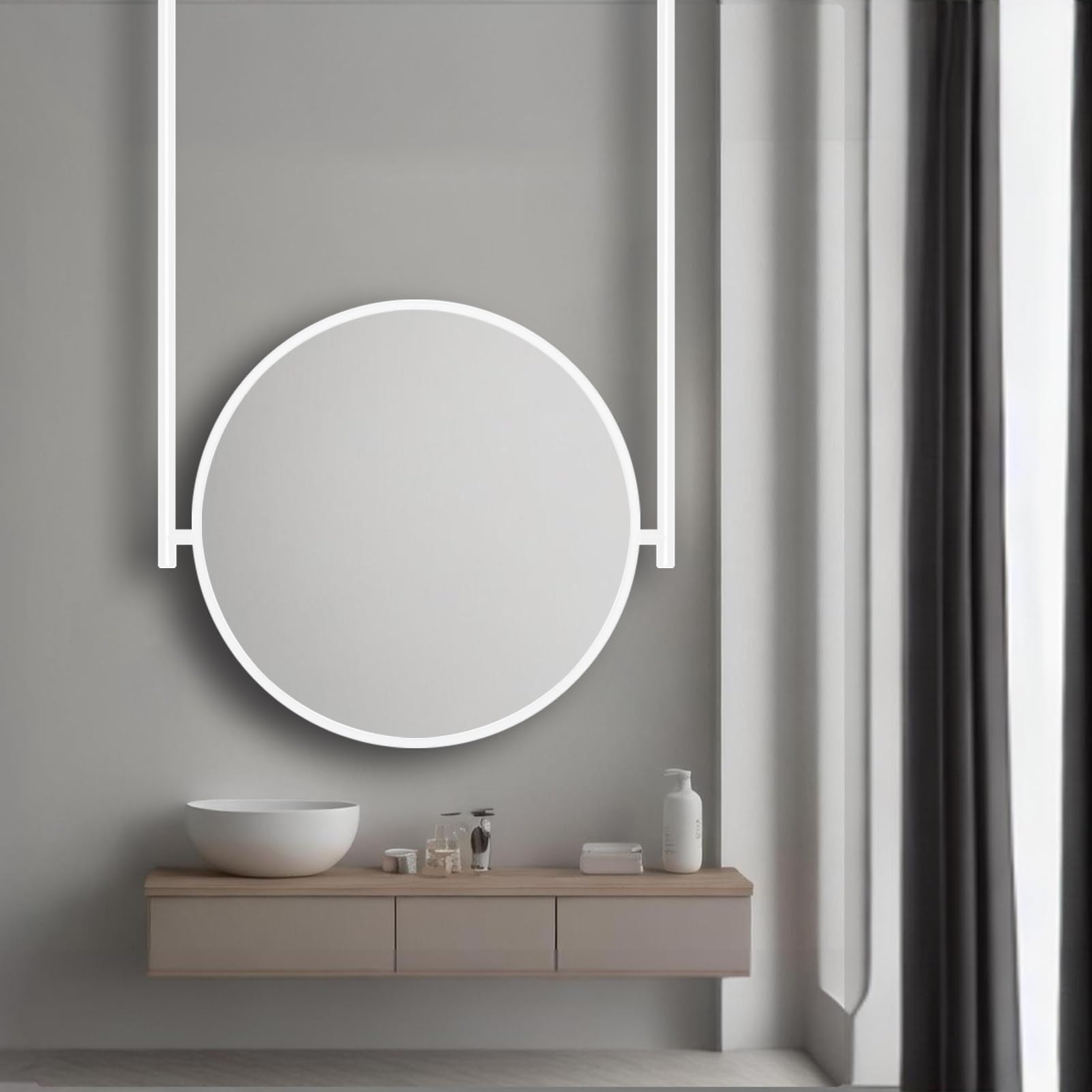 FGXHHS Bathroom Ceiling Hanging Mirror Modern White Rounded Rod for Living Room Hallway, Home Hotel Store Customizable Wall Decor Mirror(Diameter-70CM/27.6INCH)