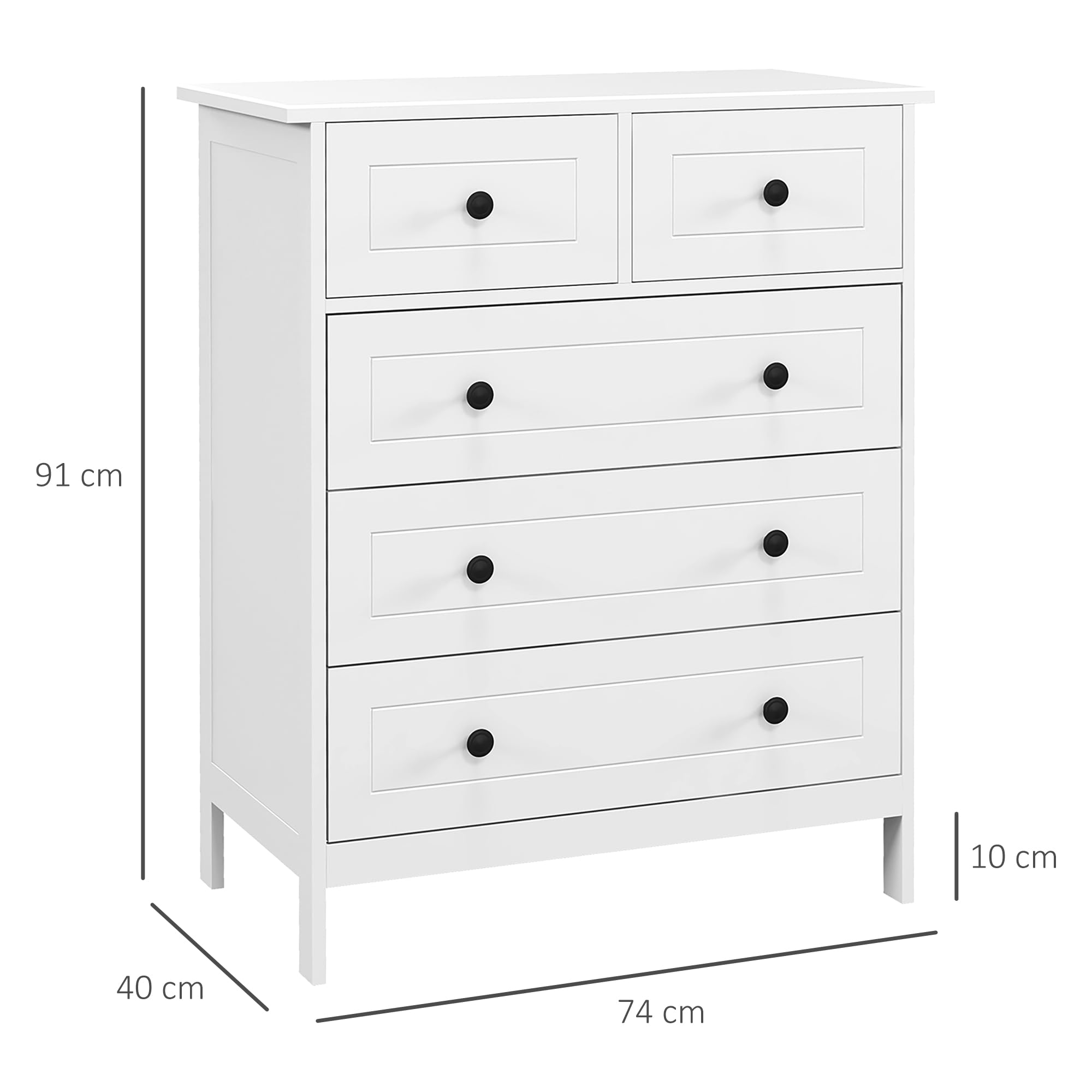 HOMCOM Cassettiera Camera da Letto, Cassettiera 5 Cassetti in Legno con Maniglie, Comò Salvaspazio e Antiribaltamento, per Soggiorno, Camera da Letto e Ingresso, 74x40x91cm, Bianco