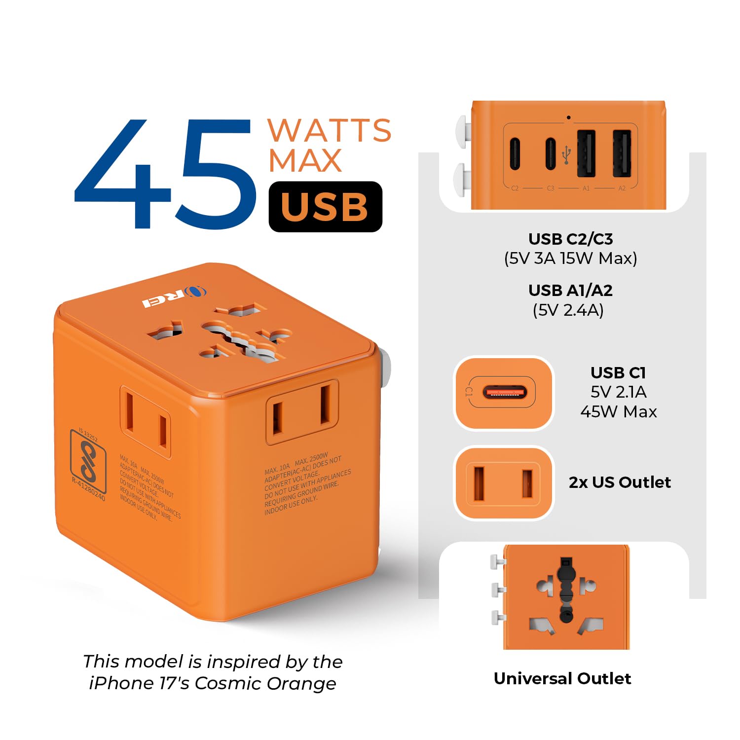 Orei 45Watt Universal Charger Adapter | 3X USBC 2XUSB A - 6-in-1 International Travel Adapter | Universal Travel Adapter Compatible 150+ Countries | Type C, A, G, I Compatible, Cosmic Orange 1