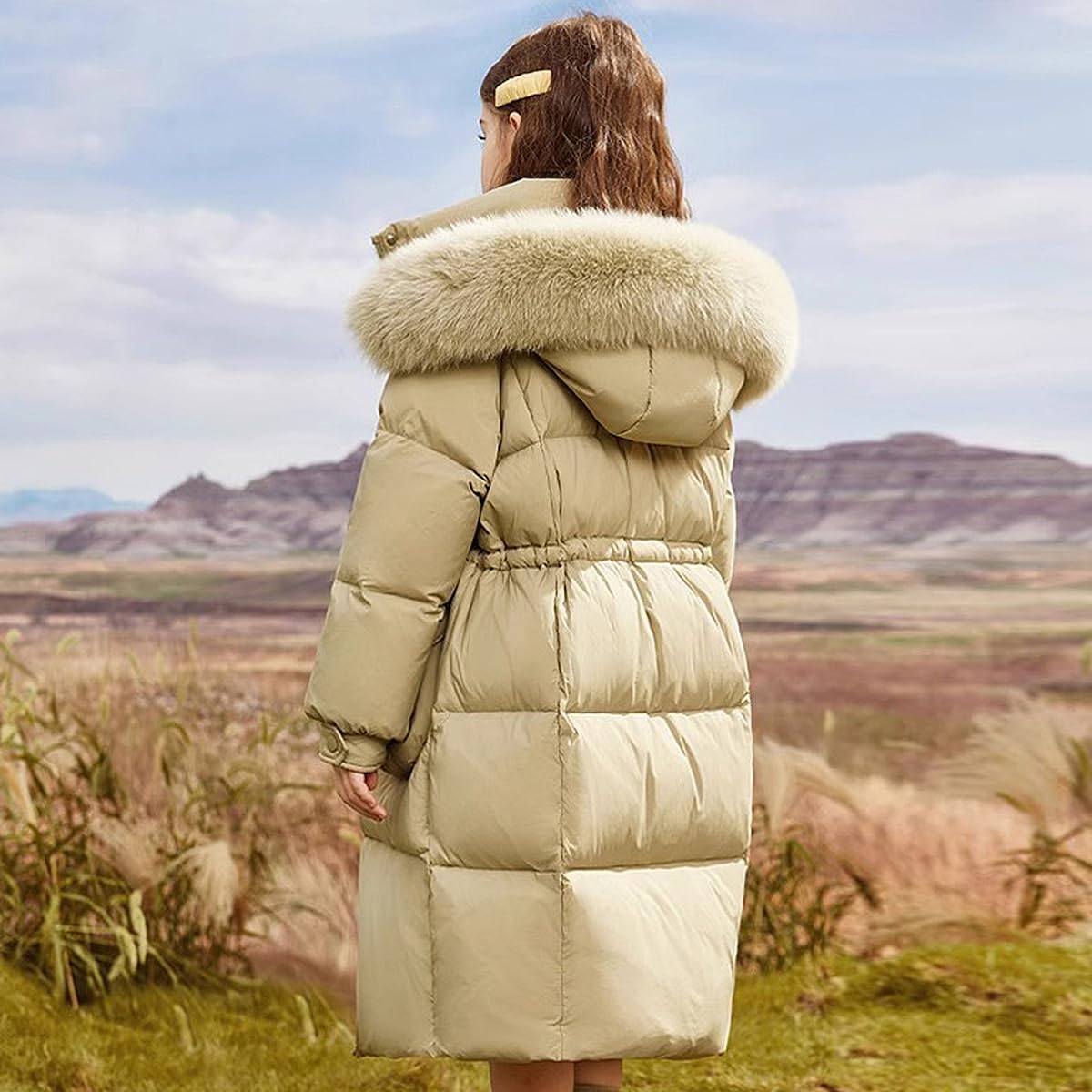 Enfant Fille Manteau mi Long à Capuche Fourrure Doudoune Matelassé Veste Hiver Chaud Parka Rembourré Blouson Coupe Vent