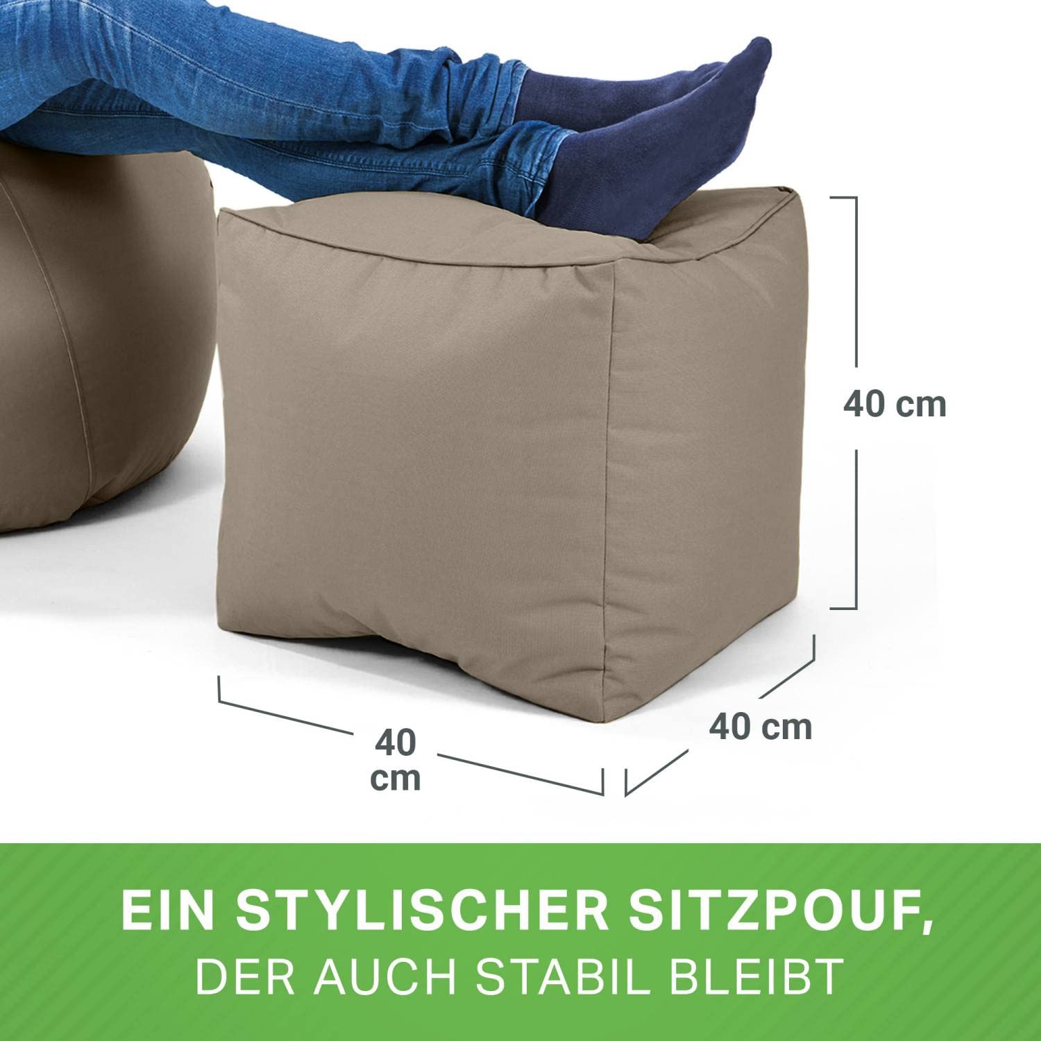 Green Bean Outdor Pouf-Hocker 40x40x40cm mit EPS-Perlen Füllung - Erweiterung & Addon für Sitzsäcke: Fußhocker Fußkissen - Bodenkissen Kinder & Erwachsene - Fußablage Sitzkissen Khaki