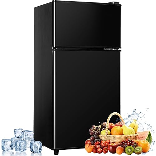 Mini Fridge with Freezer, 3.2 cuft Small Refrigerator, 7 Adjustable Thermostat, Energy Saving, Low Noise, Double Door Compact Refrigerator for Dorm, Bedroom, Office - BLACK