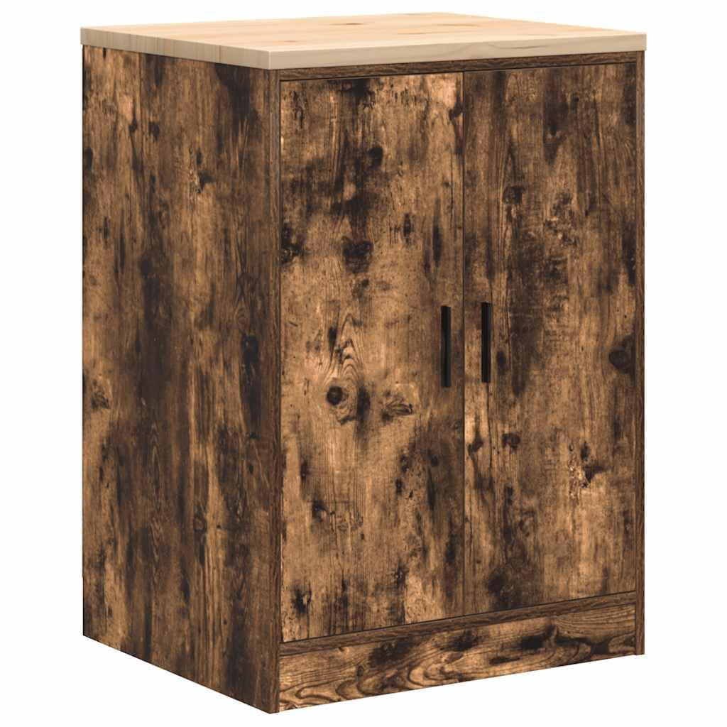 Garagenschrank Räuchereiche 60x51x85 cm Werkzeugschrank mit Massivholz Kiefer Arbeitsplatte, Stabiler Aufbewahrungsschrank mit 2 Fächern für Werkstatt, Garage und Keller
