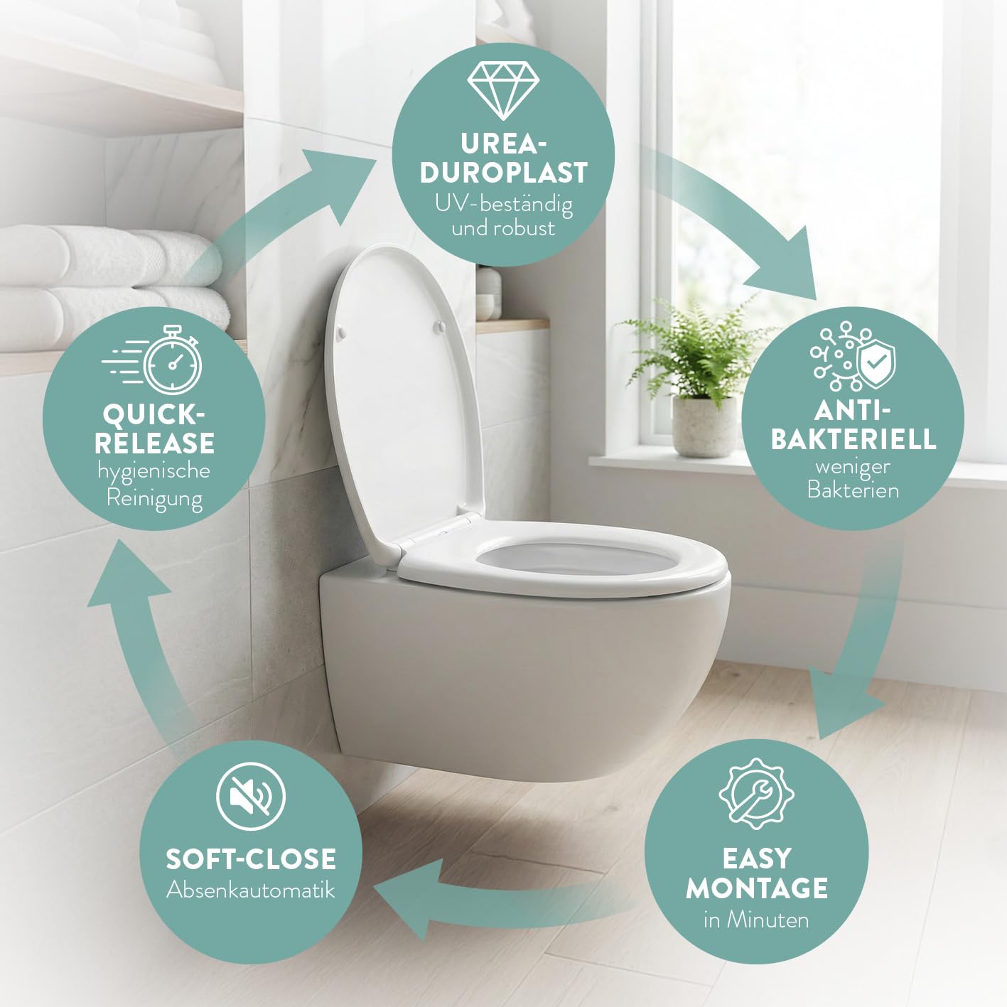 Besuche den BENKSTEIN- Benkstein® Toilettendeckel mit Absenkautomatik oval weiß – antibakterieller WC Sitz – Quick-Release zur einfachen Reinigung – einfache Montage – Urea-Duroplast – abnehmbar – bis 150 kg belastbar in use