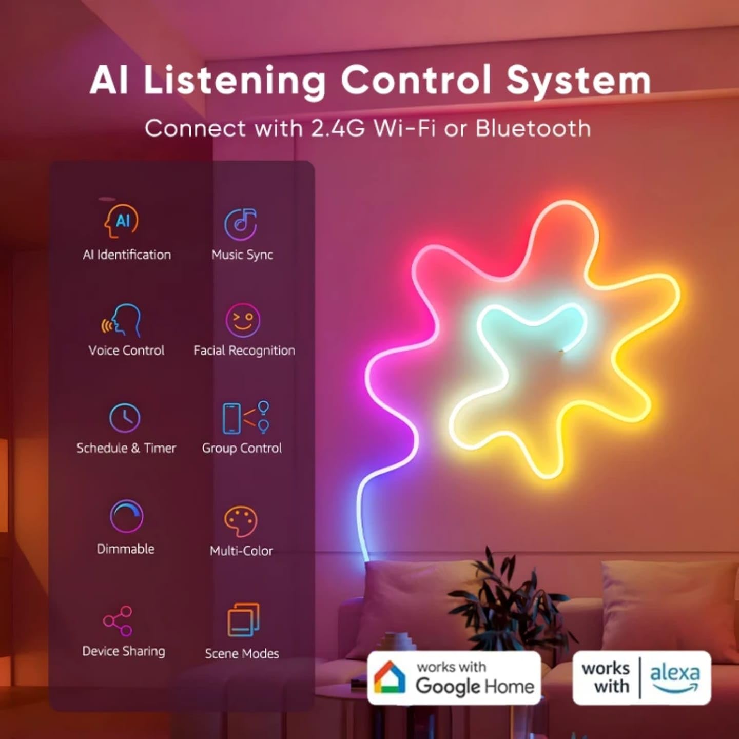 LED Neon RGB Lichtstreifen 5 m, App-Steuerung & Fernbedienung, Musikmodus, RGB-IC, IP65, flexibler mehrfarbiger LED Strip für Schlafzimmer, TV-Wand und Gaming Zimmer