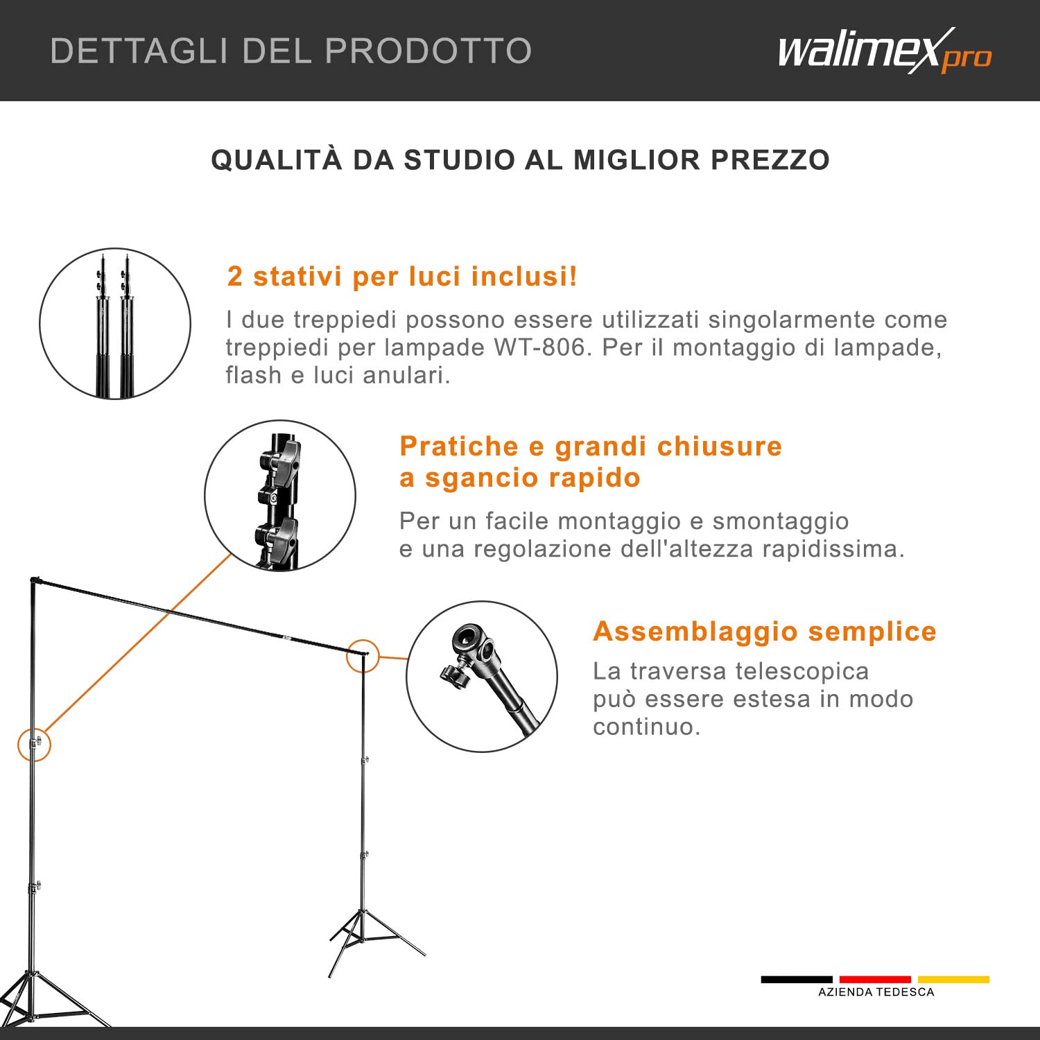Walimex pro sistema di sfondo per telescopio L 120-307 cm - stabile per studio e dispositivi mobili I per fotografia, video e schermo verde I per tele di carta e tessuto I altezza 102-256 cm