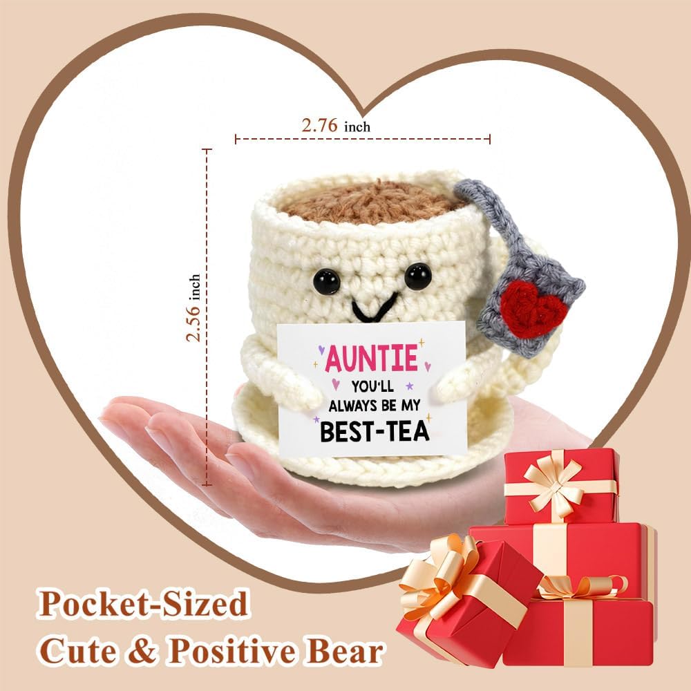 Mini Handmade Crochet Tea Cup Plush Ornament,Funny Positive Emotional Keepsake,Birthday Gift for Auntie from Niece Nephew, Cute Unique I Love You Stuffed Gift for Aunt