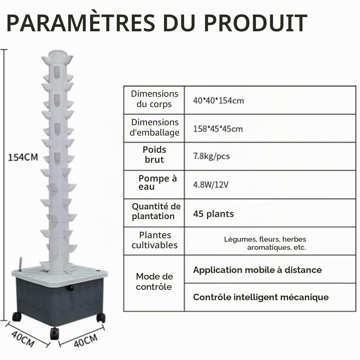 Tour aéroponique, culture hydroponique intérieure, culture aquaponique à 15 niveaux et 45 trous, culture sans sol, kit de culture aéroponique de jardin pour fruits et légumes