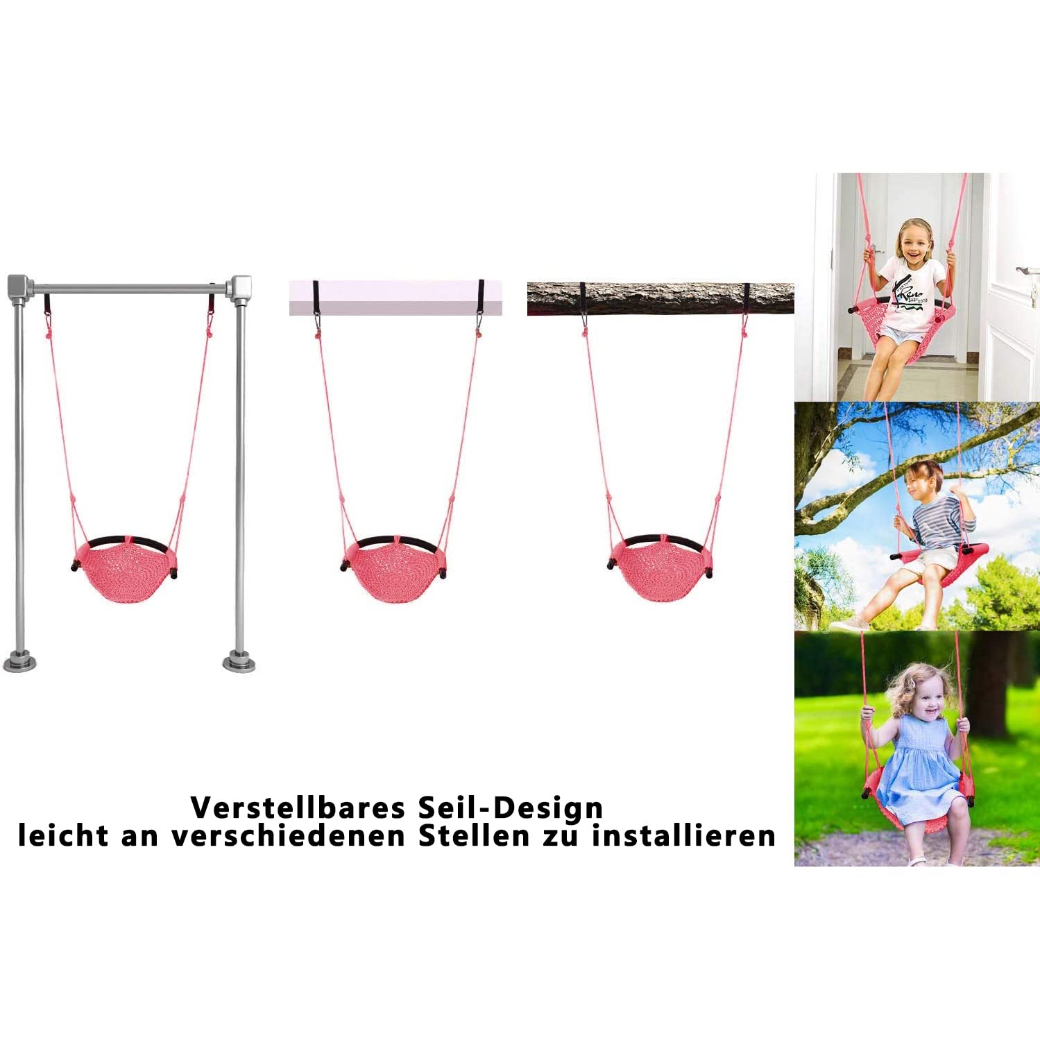 Columpio Infantil Exterior,Asiento de Columpio para Niños,Ajustable en Altura,Mano Ideal para árboles, Interior Al Exterior, Jardin,Patio De Juegos, Patio(Color: Rosa)