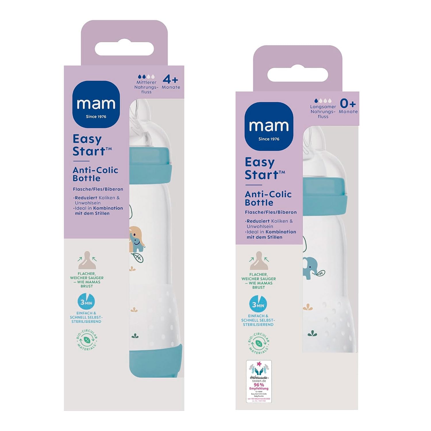MAM Anti-Colic Flasche 2er Set, 260 ml & 320 ml, Sauger Gr.1 & Gr.2, mitwachsend, selbst-sterilisierend blau