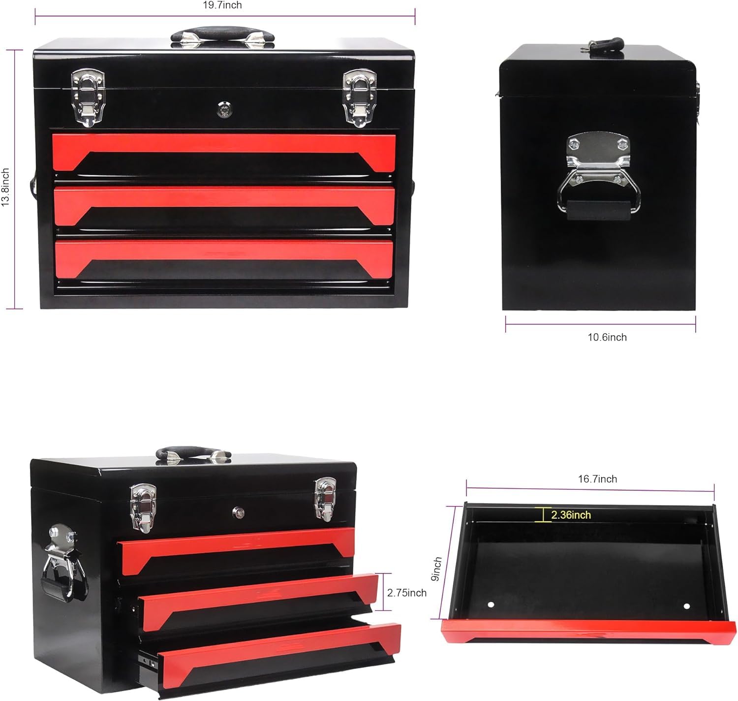 Entcook 3 Drawers Tool Box with Tool Set, Portable Tool Chest Organizer with 439-Piece Tool Set, Metal Toolbox with Ball-Bearing Drawer Slides, Tools Organizer for Garage Workshop Black+red
