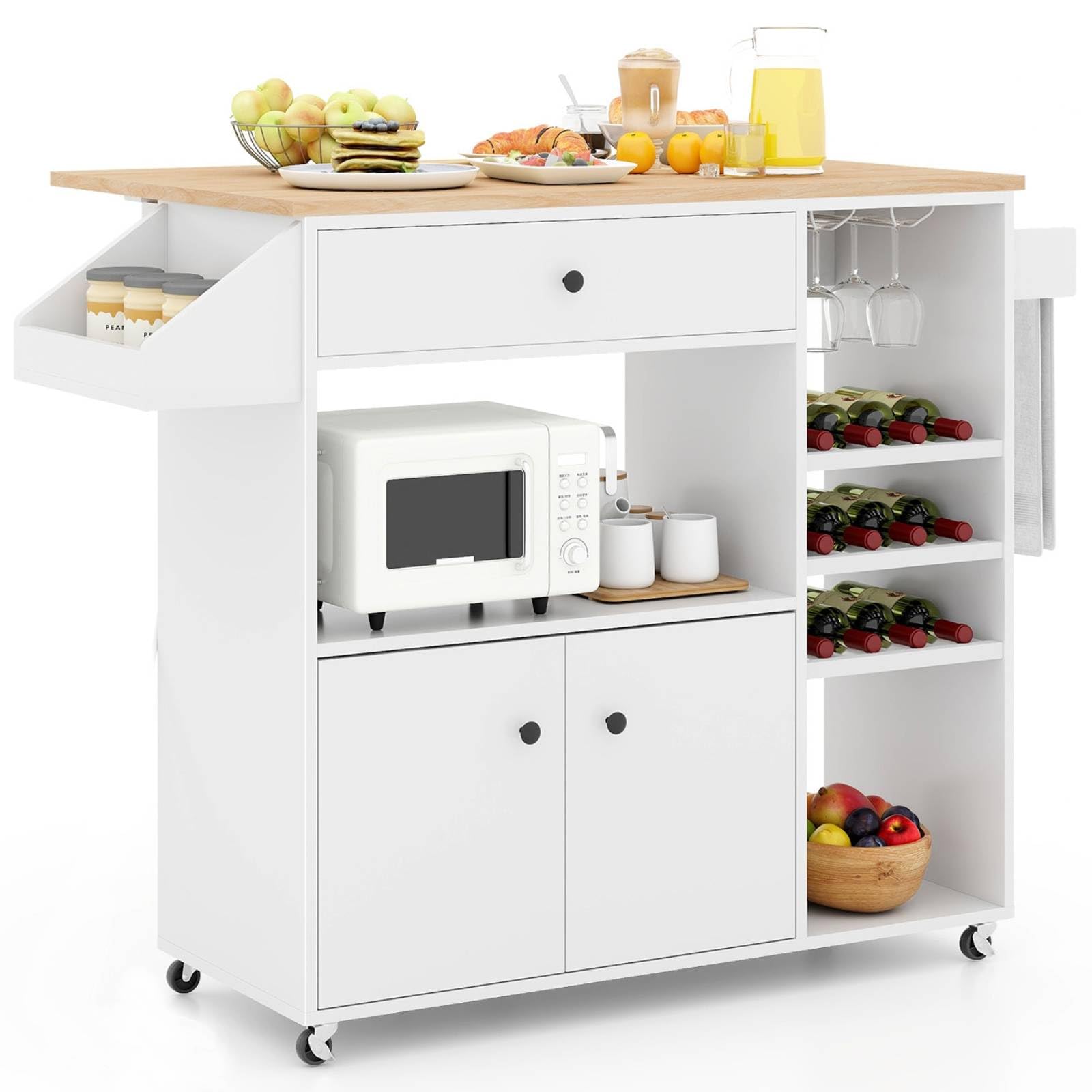 COSTWAY Kitchen Island on Wheels, Rolling Storage Trolley with Drop Leaf Worktop, Wine Rack, Glass Holder, Adjustable Shelf, Towel Bar & Spice Rack, Extendable Buffet Serving Cart (White + Natural)