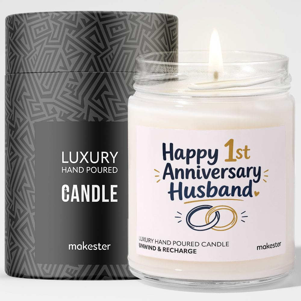1st Anniversary Candle Gift for Husband - Luxury Soy Wax Candle - Vanilla, Jasmine, Sugared Almond - Makester — image 1