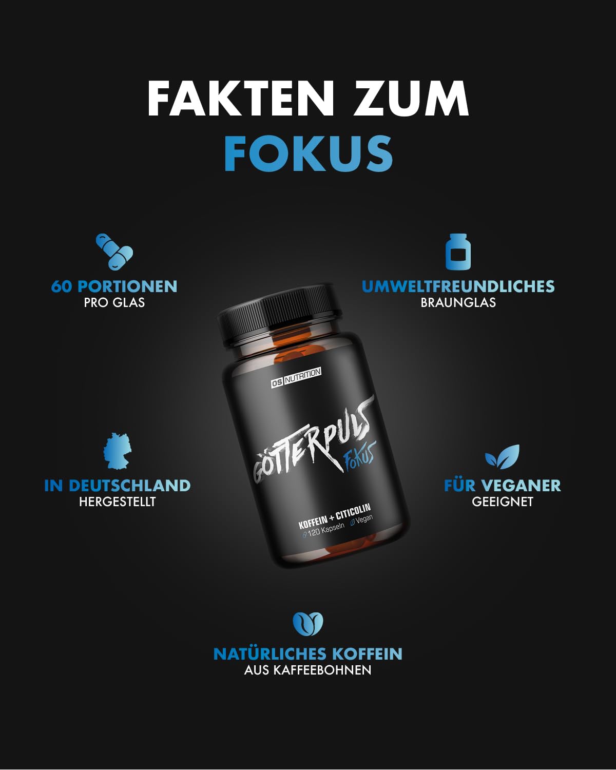 OS NUTRITION Götterpuls Fokus Kapseln mit Koffein und Citicolin – 120 Kapseln