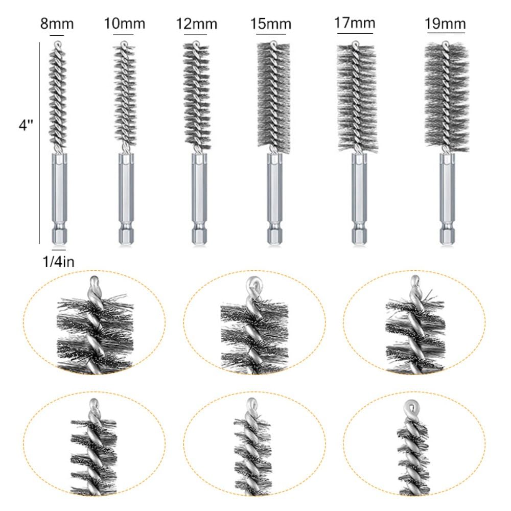 12 PCS Stainless Steel Bore Brush for Drill, Twisted Wire Copper Wire Brush Metal Bore Cleaning Cleaning Brushes with 1/4