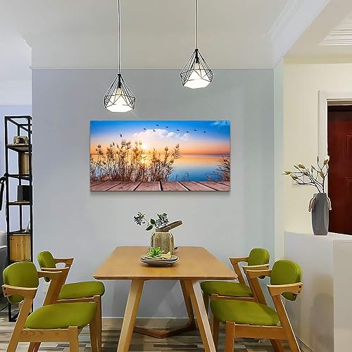 Miniatura 6 de Arte de pared para sala de estar póster con impresión decorativa pintura de paisaje de playa, sol, hierba y océano decoración de habitación, cuarto
