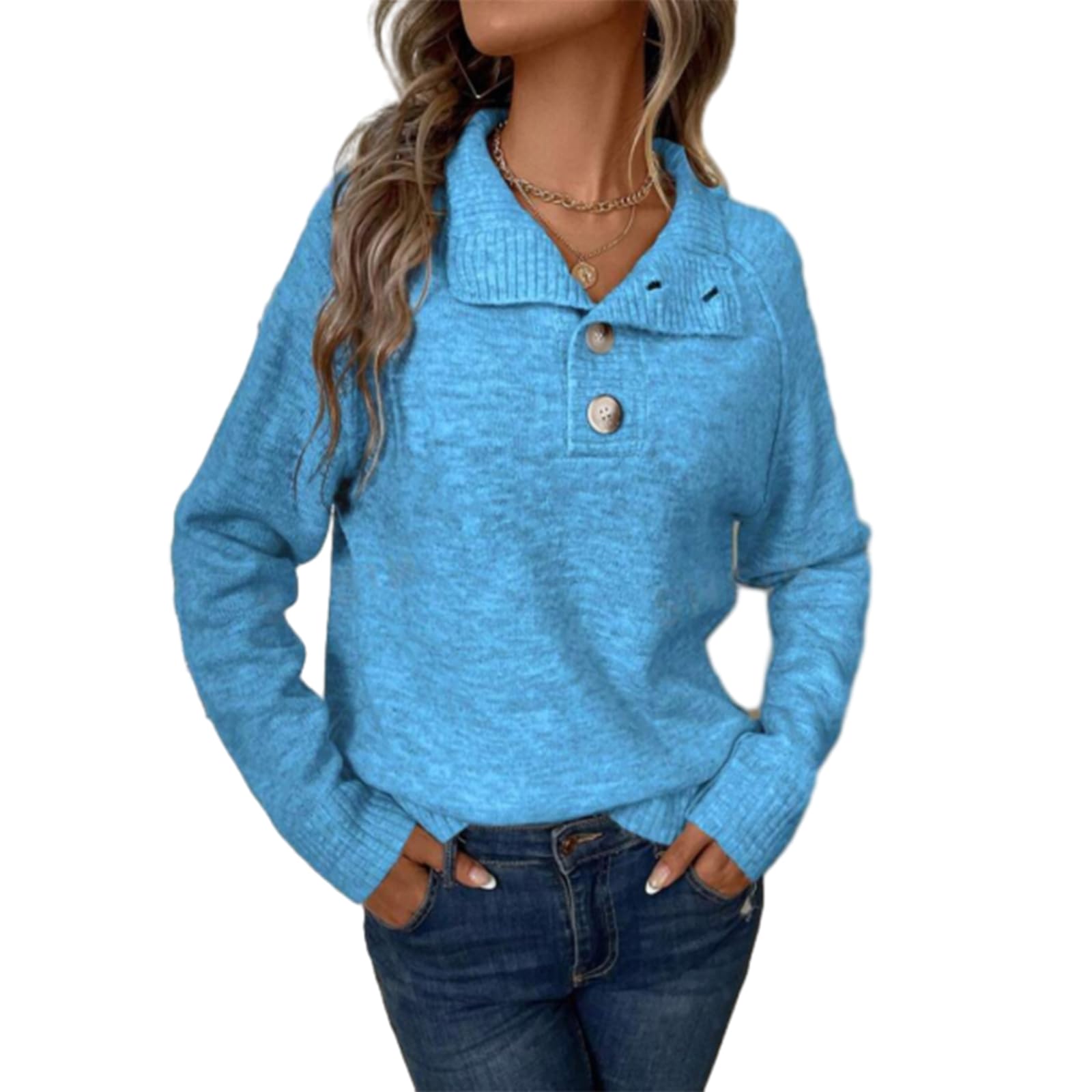 Cable Knit Button Up Stand Collar Pullover for Women Casual Long Sleeve Sweater Solid Color Comfortable Trendy