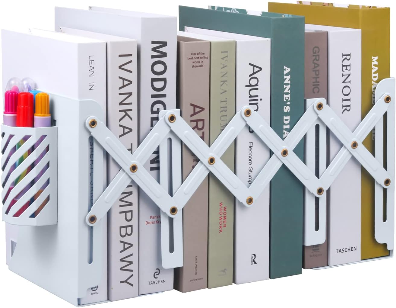 Expandable Metal Bookends, MSDADA Adjustable Book Ends Heavy Duty Book Holder Desktop Book Stand Non-Skid Desk Organizer for Kids Student Home Office School Bookshelf Book Storage (White)