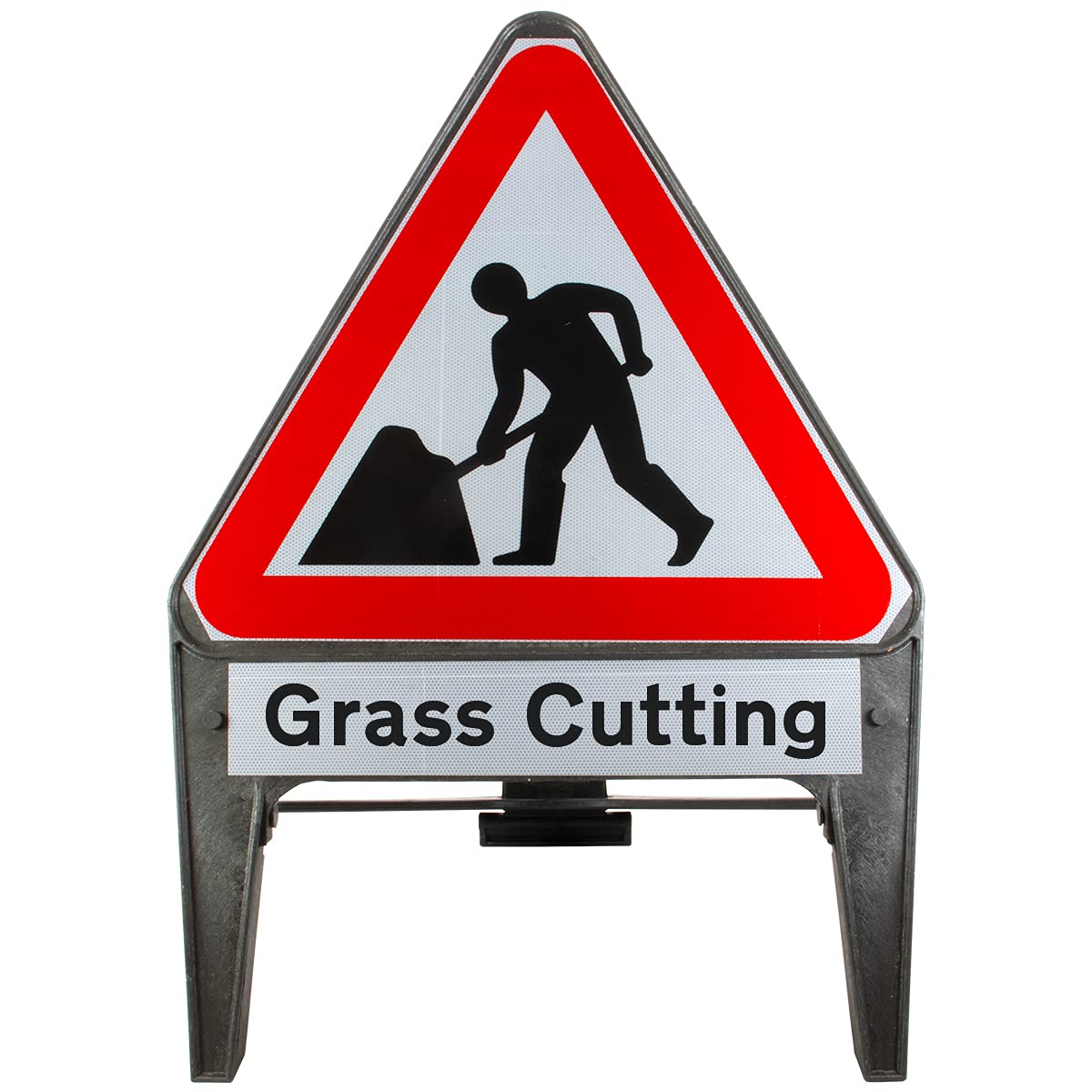 Men At Work With Grass Cutting Supplementary Plate 750mm Triangle Road Sign 7001 - Plastic Temporary Road Street Traffic Safety Sign for Road and Street Works - Freestanding with Reflective Sign Face