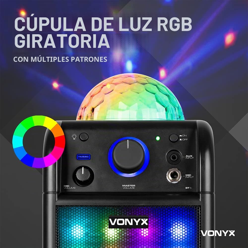Vonyx SBS50B_Plus Altavoz portátil Set de Karaoke para Fiesta con micrófono y Efecto Eco, Bluetooth, Bola de Discoteca con Efectos de Luces LED y Efectos Luminosos Frontales - Negro