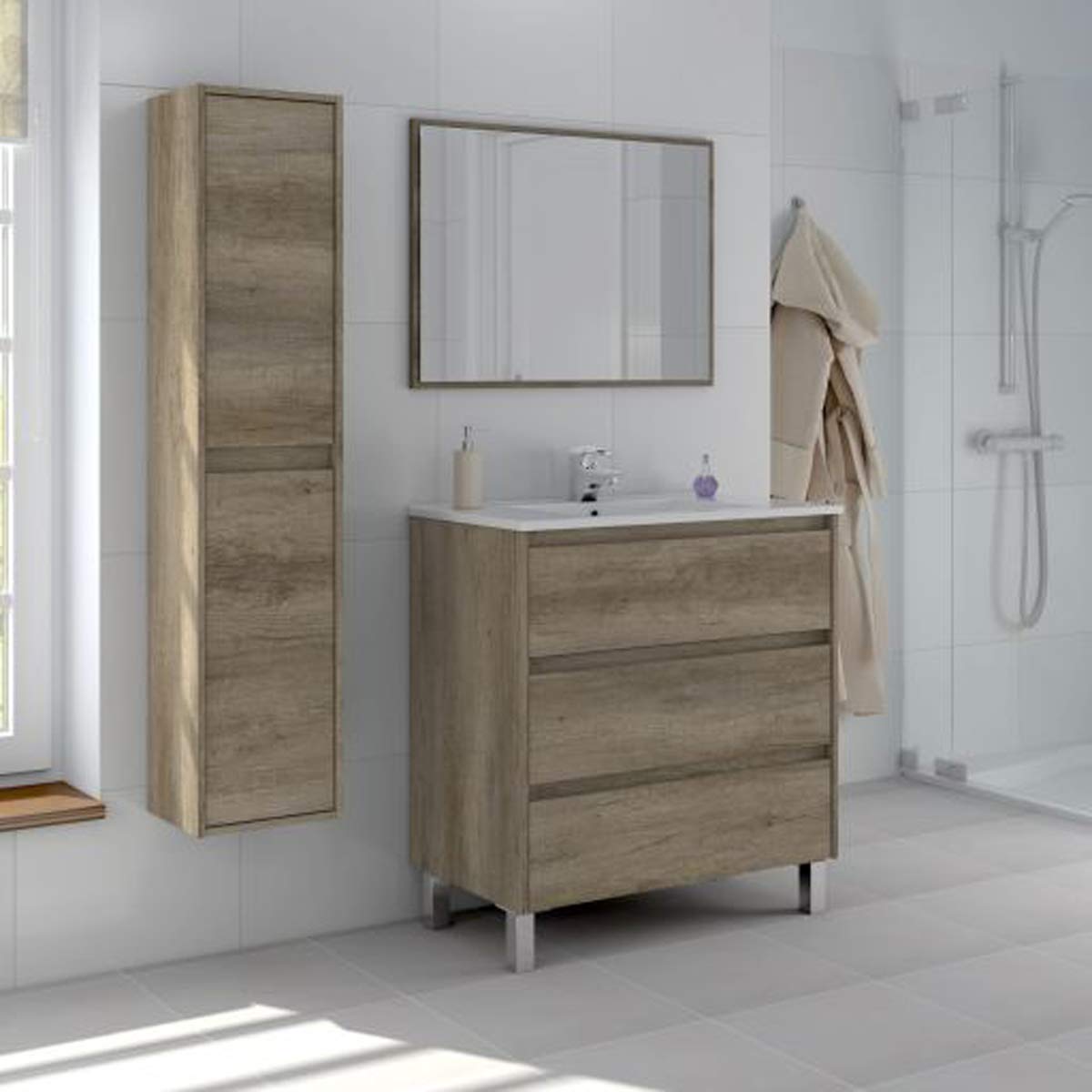 Columna de Baño o Aseo Suspendida con 2 Puertas Acabado en Color Nordik - Dim: 30 cm (Largo) x 140 cm (Alto) x 25,5 cm (Fondo)