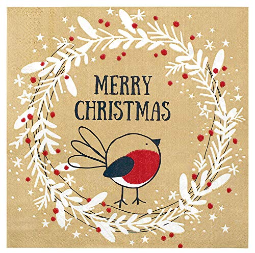 Christmas Napkins Paper Cute, Festive Wreath & Bird Print/Brown Recycled Napkins Decorative Disposable Holiday Dinner, Lunch/Luncheon, Buffet Brunch Rustic Xmas Party Decor