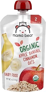 Marca Amazon – Mama Bear Alimento orgánico para bebés, etapa 2, manzana, plátano, canela, avena, 4 onzas (paquete de 12)