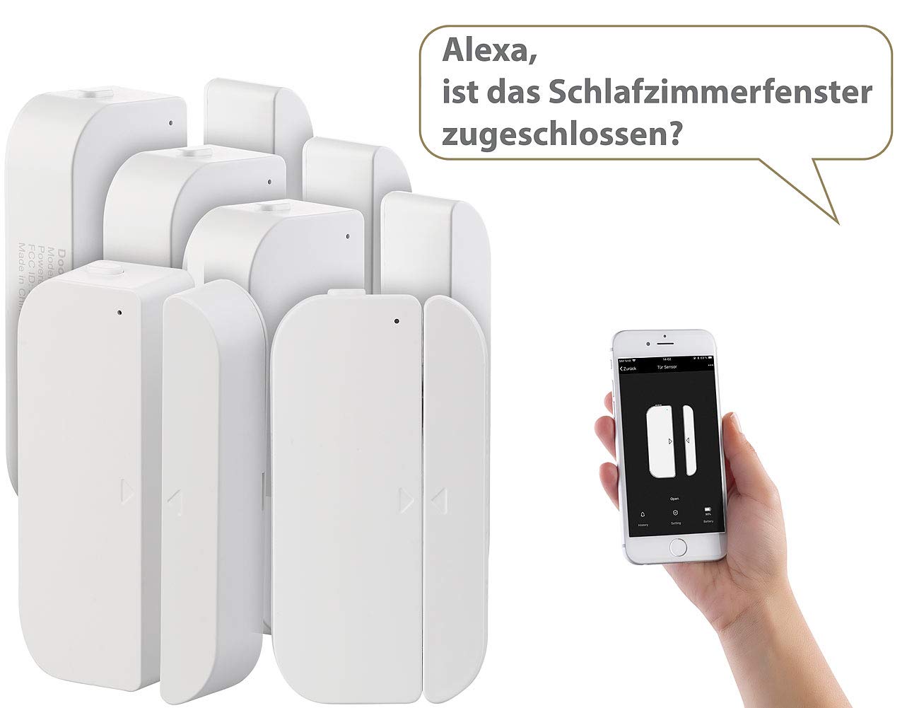 Luminea Fenstersensor WLAN: 5er-Set WiFi Tür & Fensteralarm, Alexa und Google Assistant komp. (Alexa Fensterkontakt, Fenstersensor, Smart Life Türsensor)