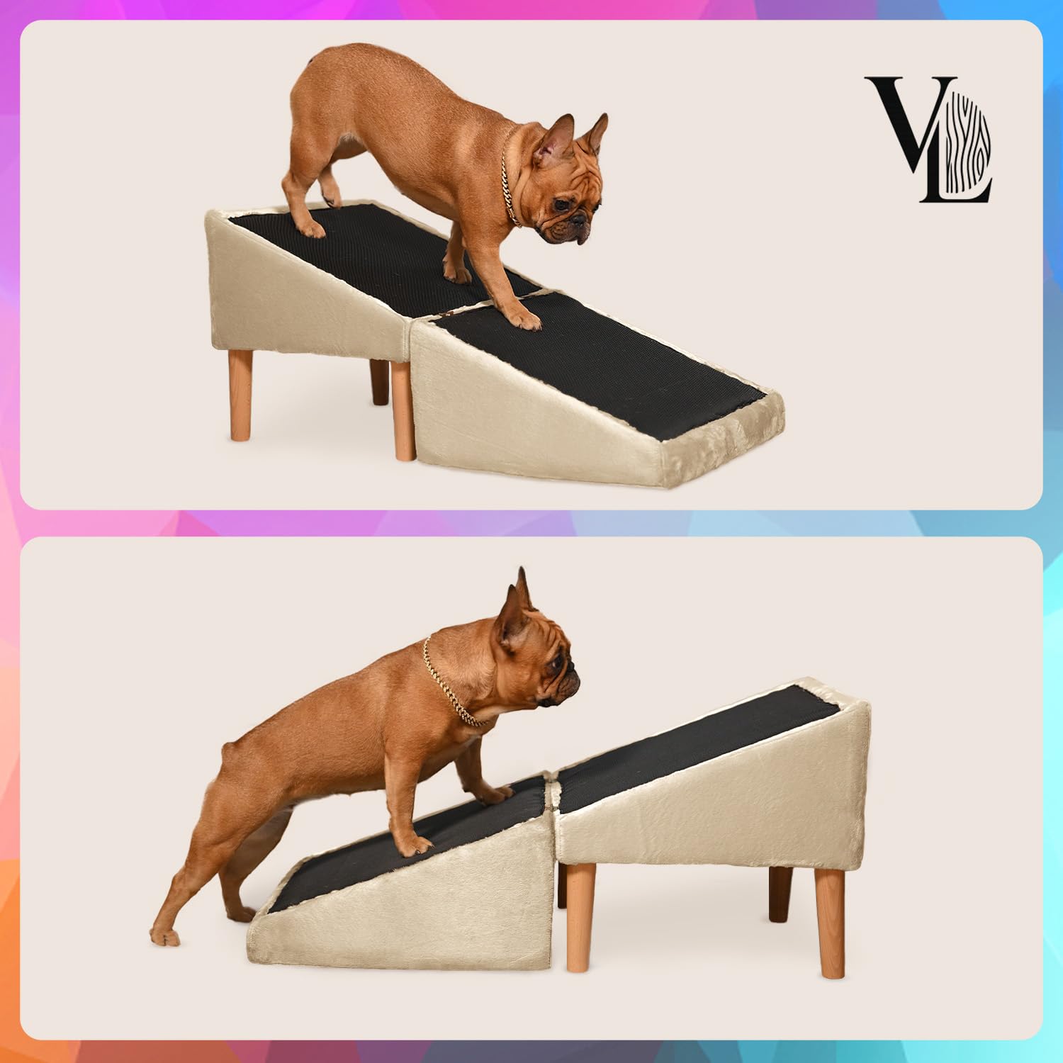 VELORA H&L Rampe pour Chien Beige - 2 en 1 Pouf et Rampe pour Chien, Escalier Pliable, Structure en Bois Robuste, Revêtement en Velours, Surface Antidérapante pour Chiens et Chats