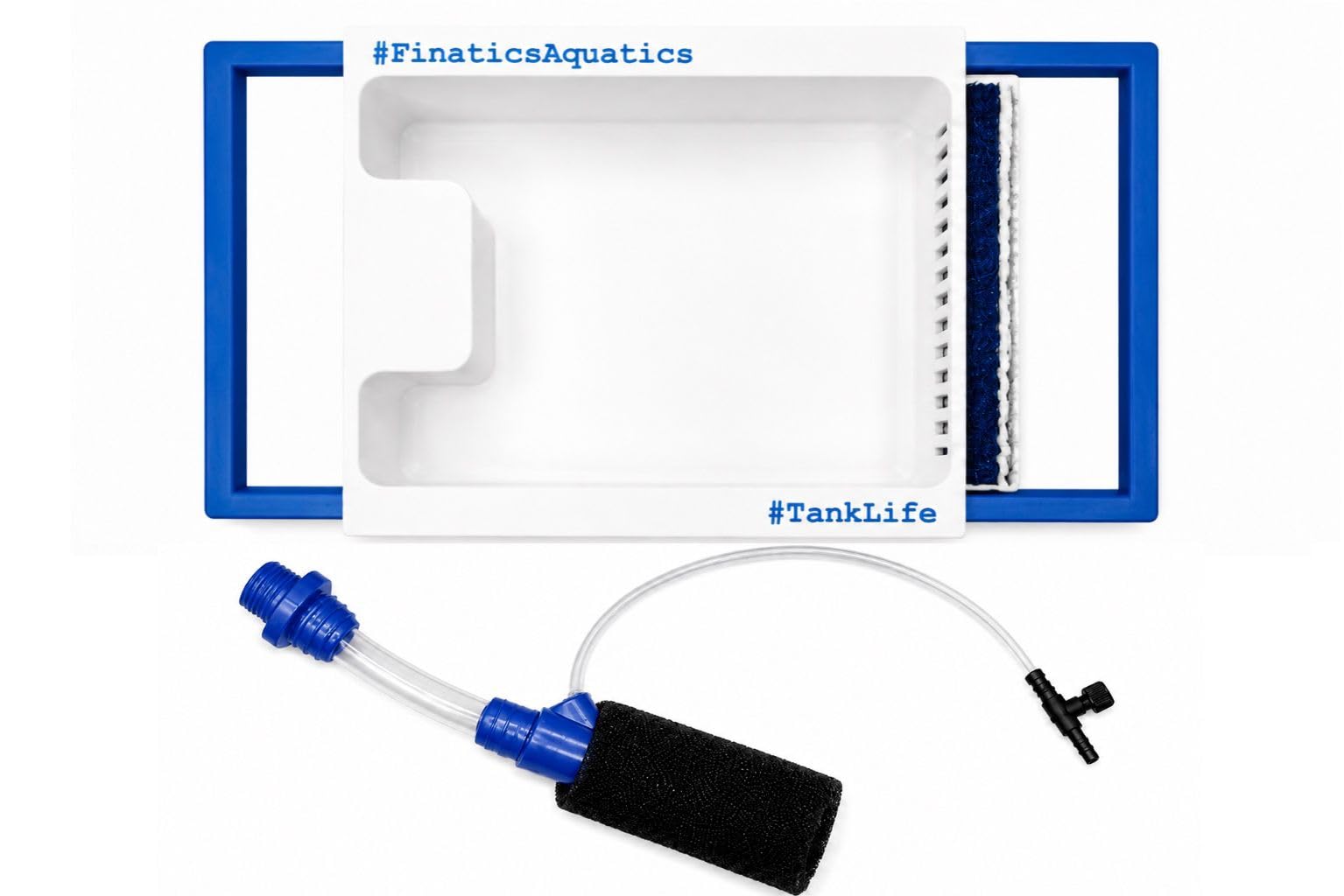 Finatics Aquatics Aquarium Fry Tray – External Hang-On Fry Grow-Out Box with Air-Driven Circulation, Water Exchange & Adjustable Mount for Fish Breeding Tanks (White-Blue, Medium - 34.5cm x 46cm)