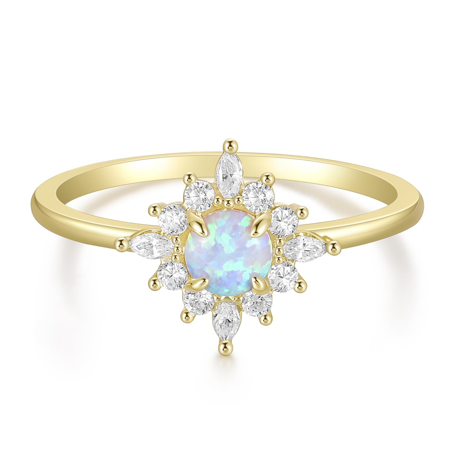 Mameloly 14K Gold Plated Created Opal Rings Round Cut Dainty Halo CZ Wedding Band Thin Stackable Cubic Zirconia Promise Engagement Ring for Women Size